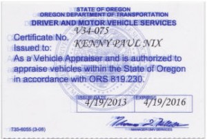 Ken Nix's State Issued Auto Appraiser's License and certification document.